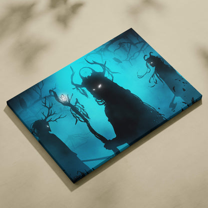 Blue-toned canvas print featuring dark silhouettes with antlers and glowing eyes on a teal background for gothic decor