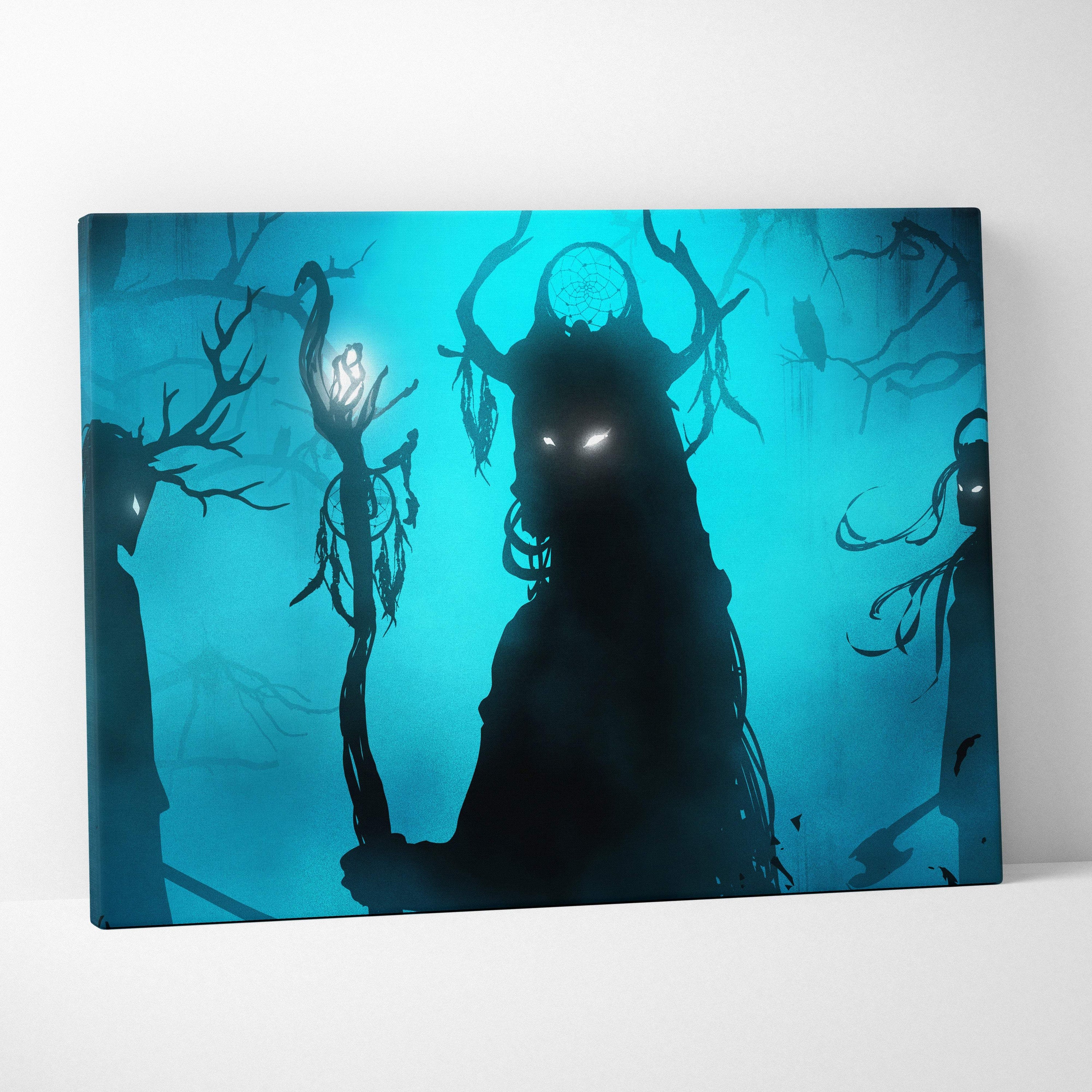 Dark teal witch coven canvas wall art with eerie forest silhouettes and glowing eyes for gothic horror decor