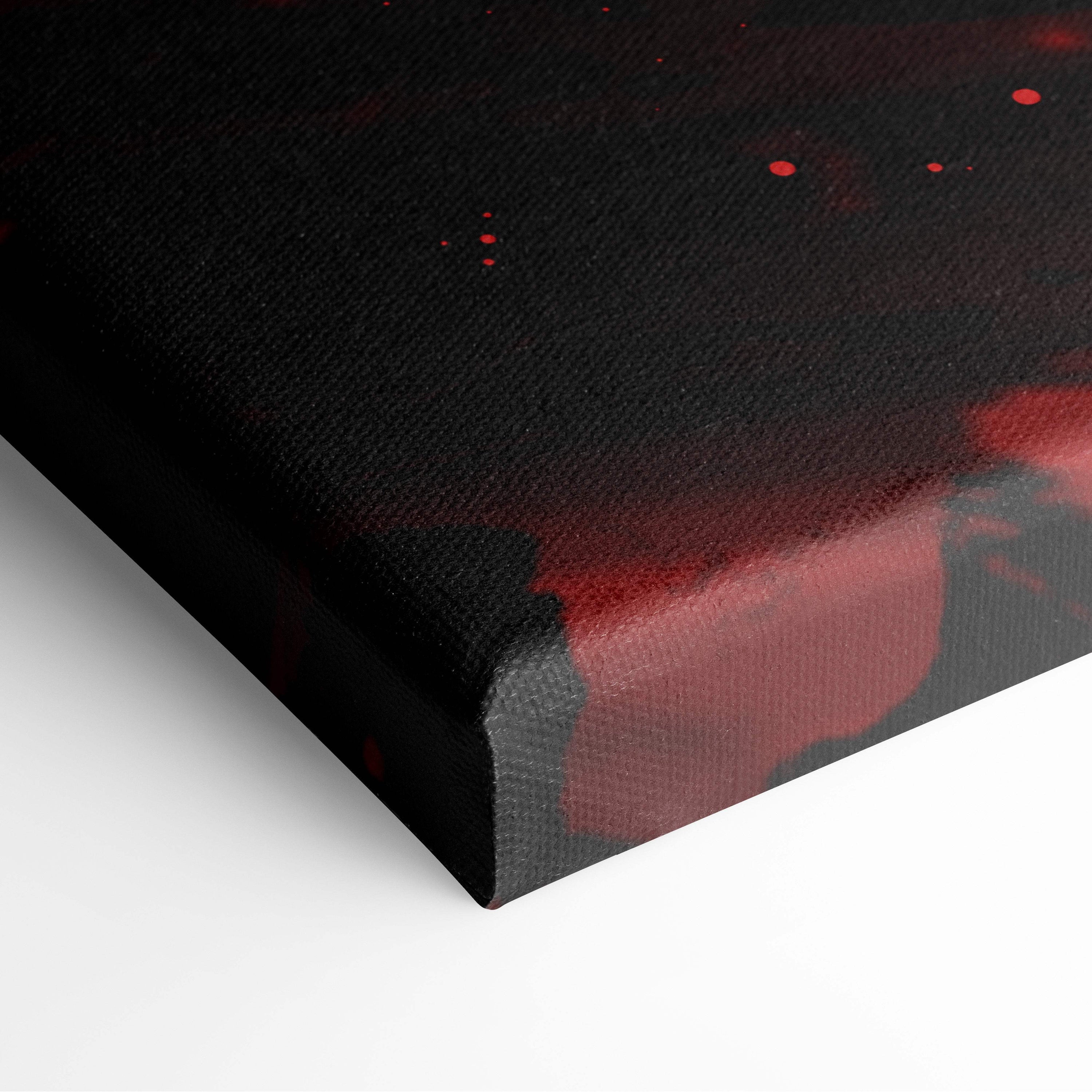Black canvas wall art with bold red splatters featuring a minimalist red samurai silhouette with katana against blood moon