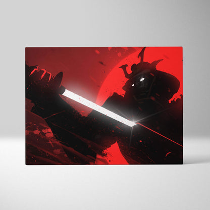 Red and black canvas wall art featuring a samurai silhouette with a glowing sword against a blood-red backdrop