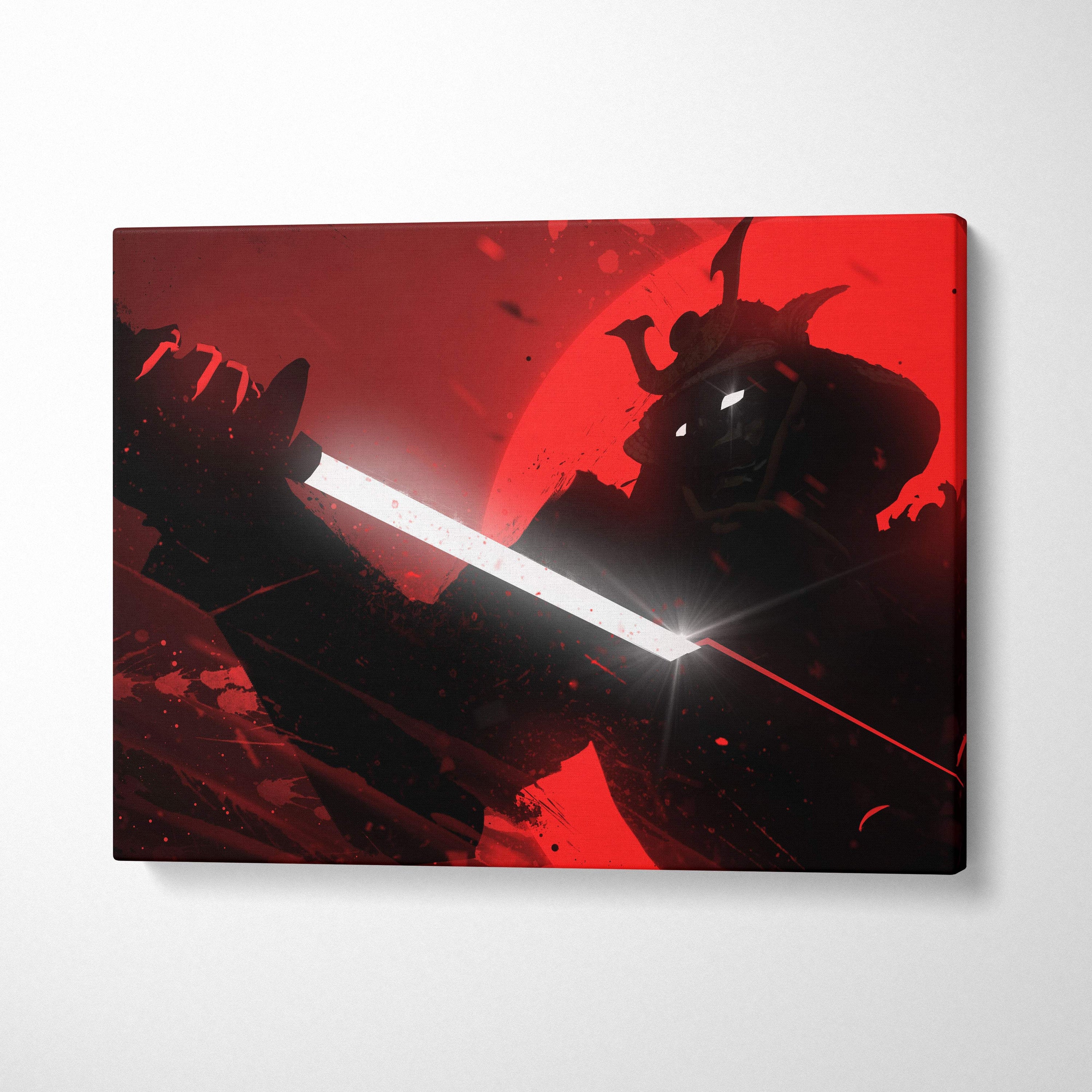 Red samurai silhouette canvas wall art featuring a bold black warrior with glowing katana against blood red backdrop
