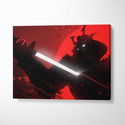 Red samurai silhouette canvas wall art featuring a bold black warrior with glowing katana against blood red backdrop