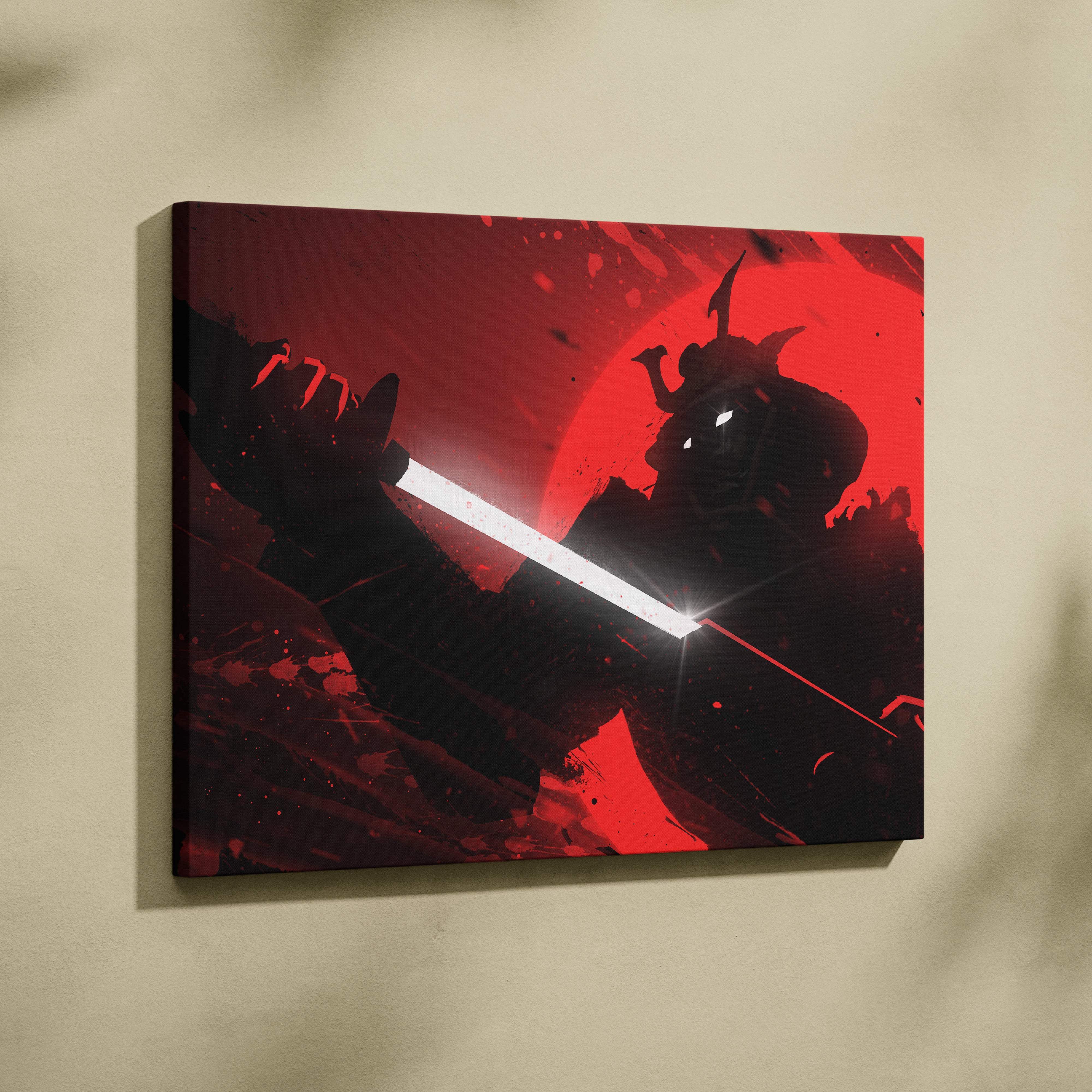 Red and black canvas print of a stylized samurai warrior with glowing sword against blood red moon backdrop