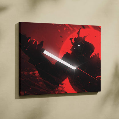 Red and black canvas print of a stylized samurai warrior with glowing sword against blood red moon backdrop