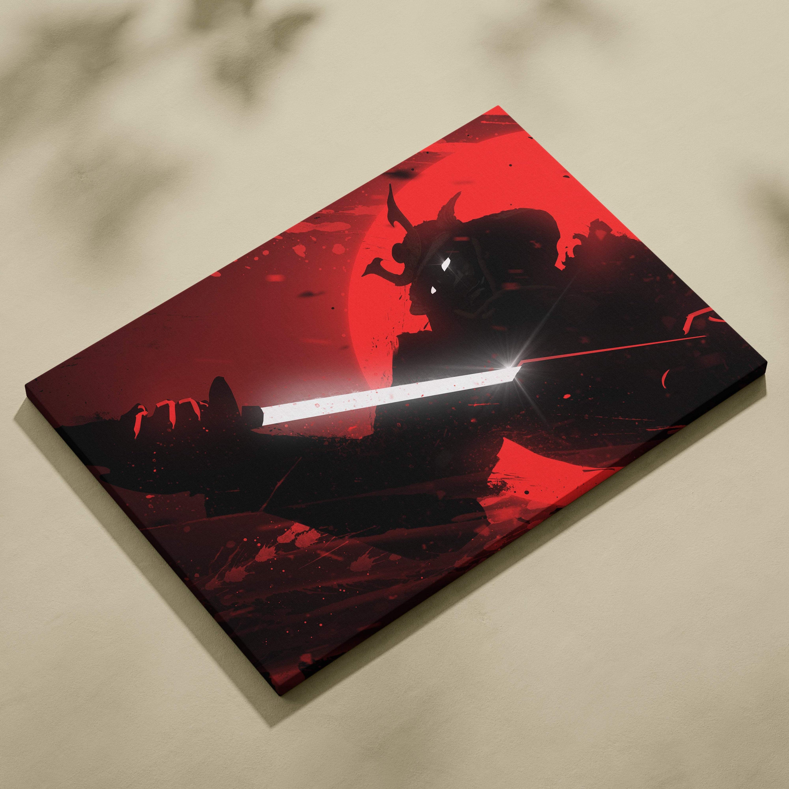 Red and black canvas wall art featuring a stylized samurai silhouette with katana against a blood red moon backdrop