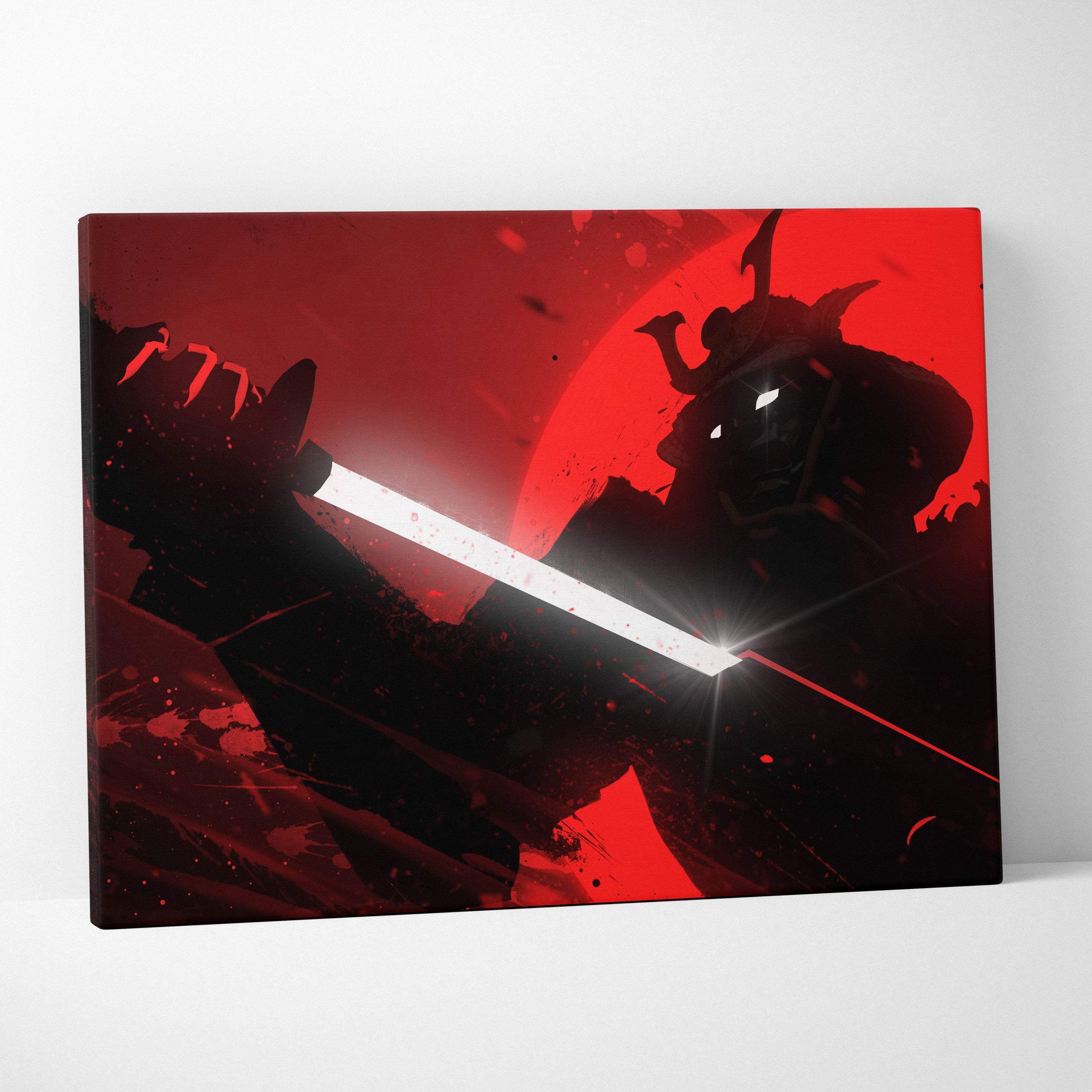 Red and black canvas wall art featuring a stylized samurai silhouette with a glowing sword against a blood red backdrop