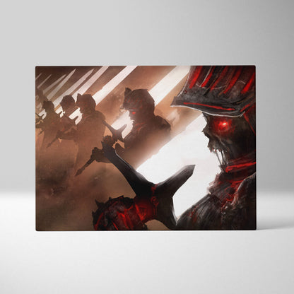 Dark gothic undead knight canvas print featuring armored warriors with glowing red eyes in dark fantasy battle scene