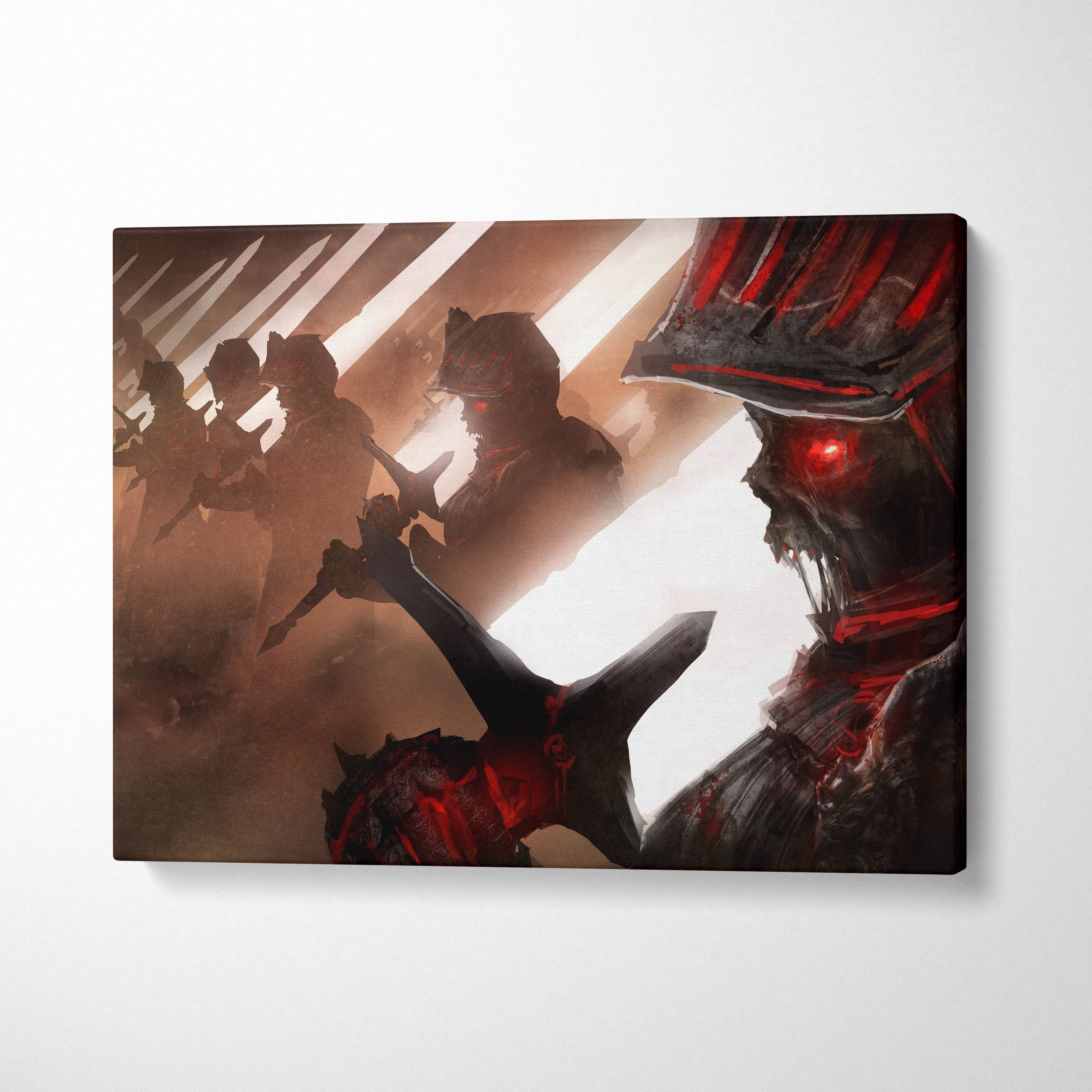 Dark gothic undead knight canvas wall art featuring a dark armored warrior with glowing red eyes and crimson accents