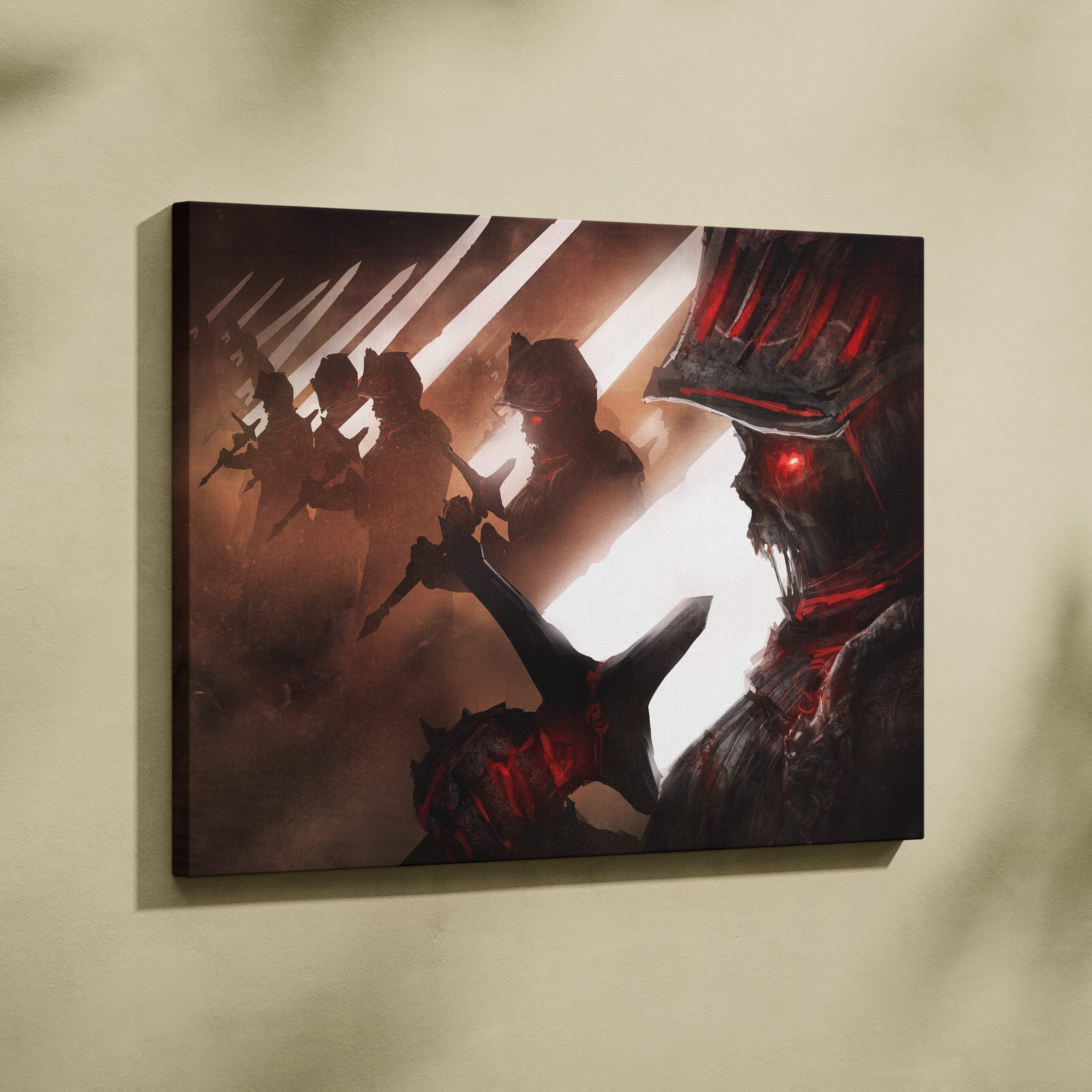 Dark gothic undead knight canvas wall art featuring a menacing armored figure with glowing red eyes and red detailing