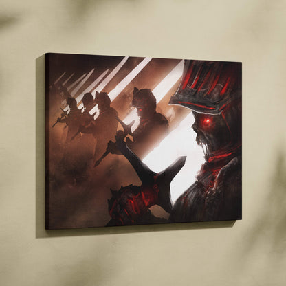 Dark gothic undead knight canvas wall art featuring a menacing armored figure with glowing red eyes and red detailing