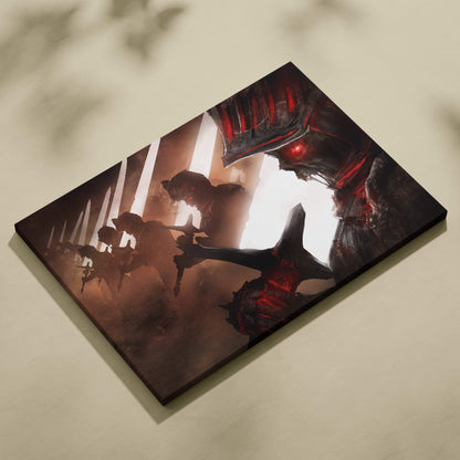 Dark gothic undead knight canvas wall art featuring a red eyed armored skeleton warrior in a black and red grunge style