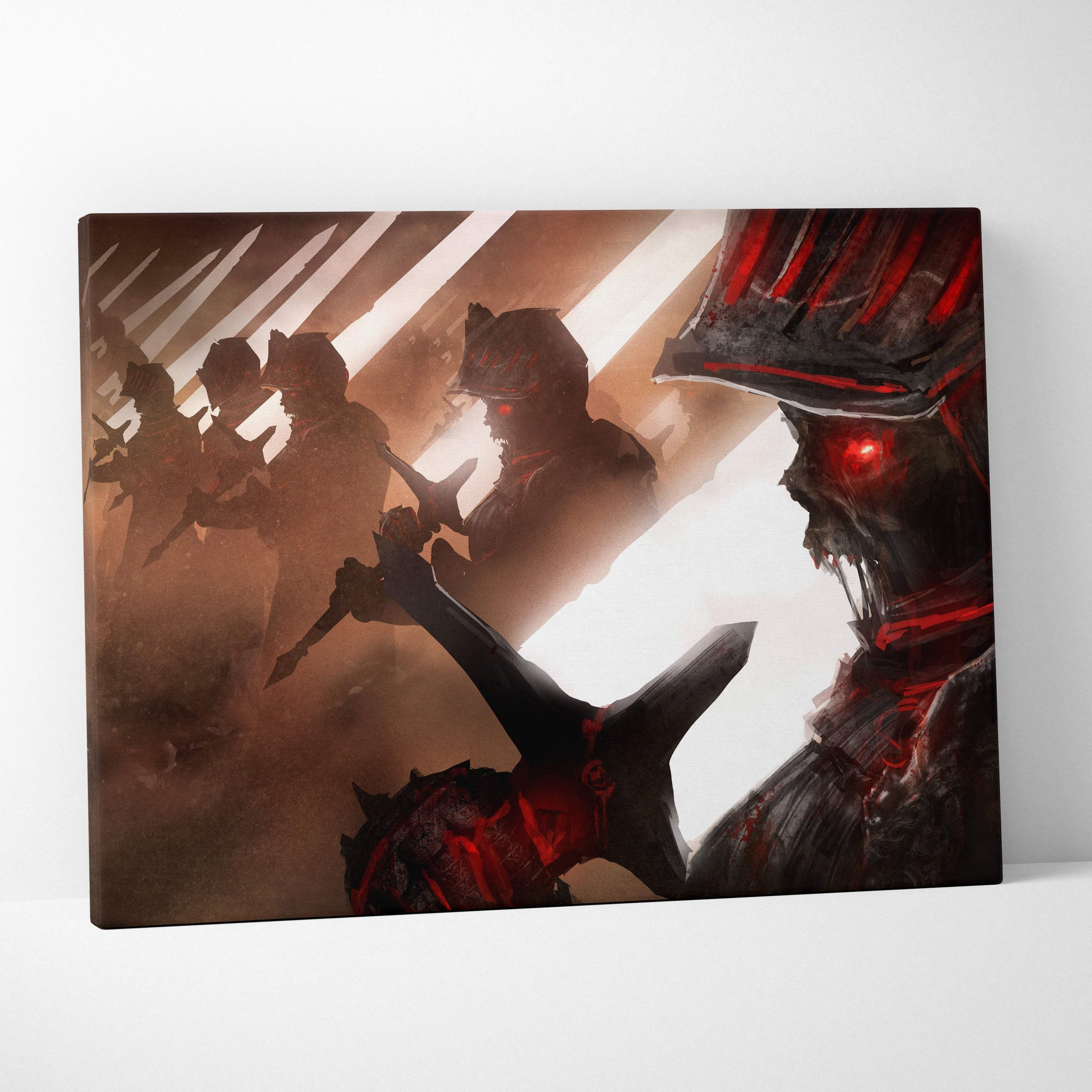 Dark gothic undead knight canvas wall art featuring a red eyed skeleton warrior in black and red armor with swords
