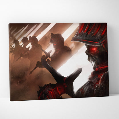 Dark gothic undead knight canvas wall art featuring a red eyed skeleton warrior in black and red armor with swords