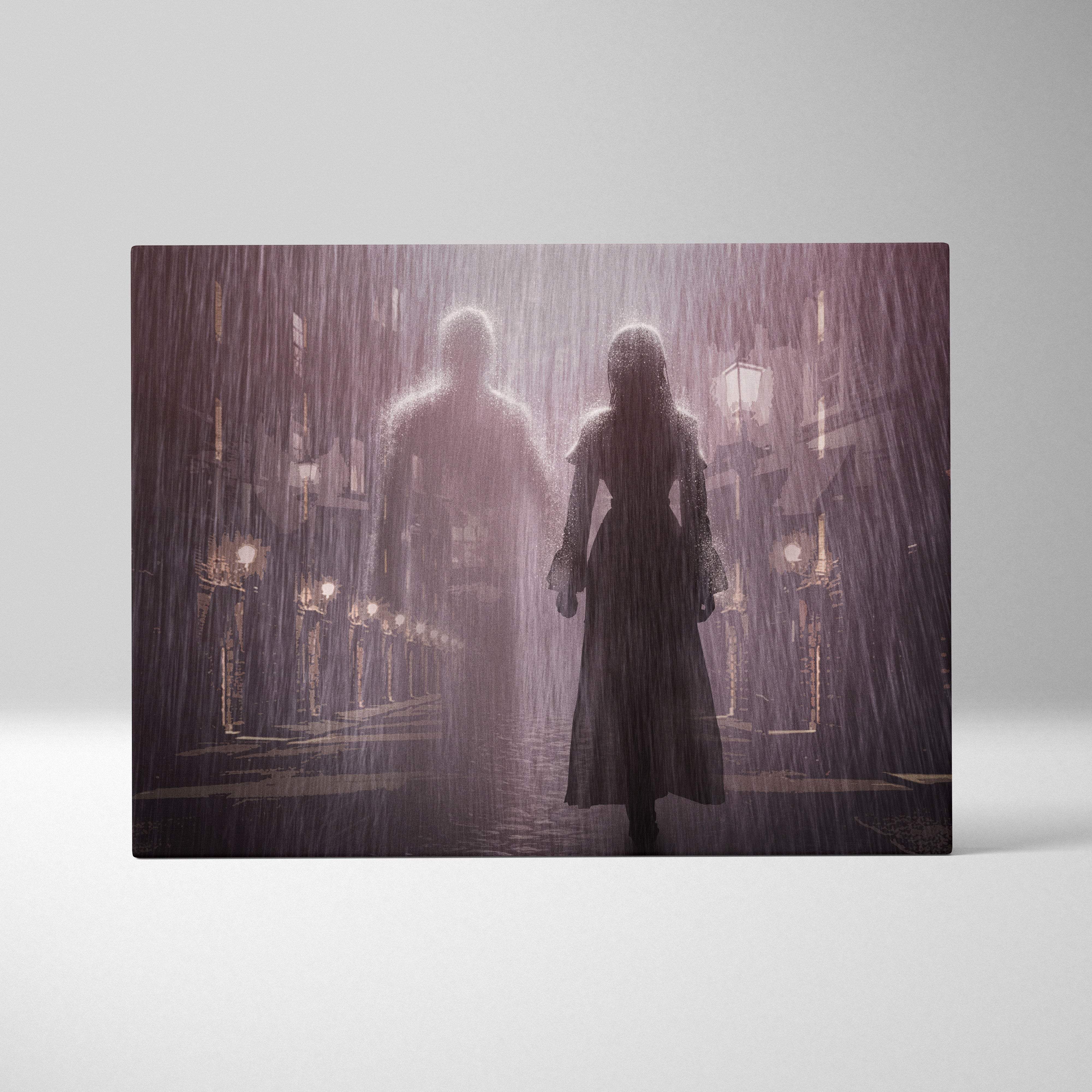 Moody rainy night ghost canvas wall art featuring silhouetted figures walking hand-in-hand under glowing lampposts in sepia tones