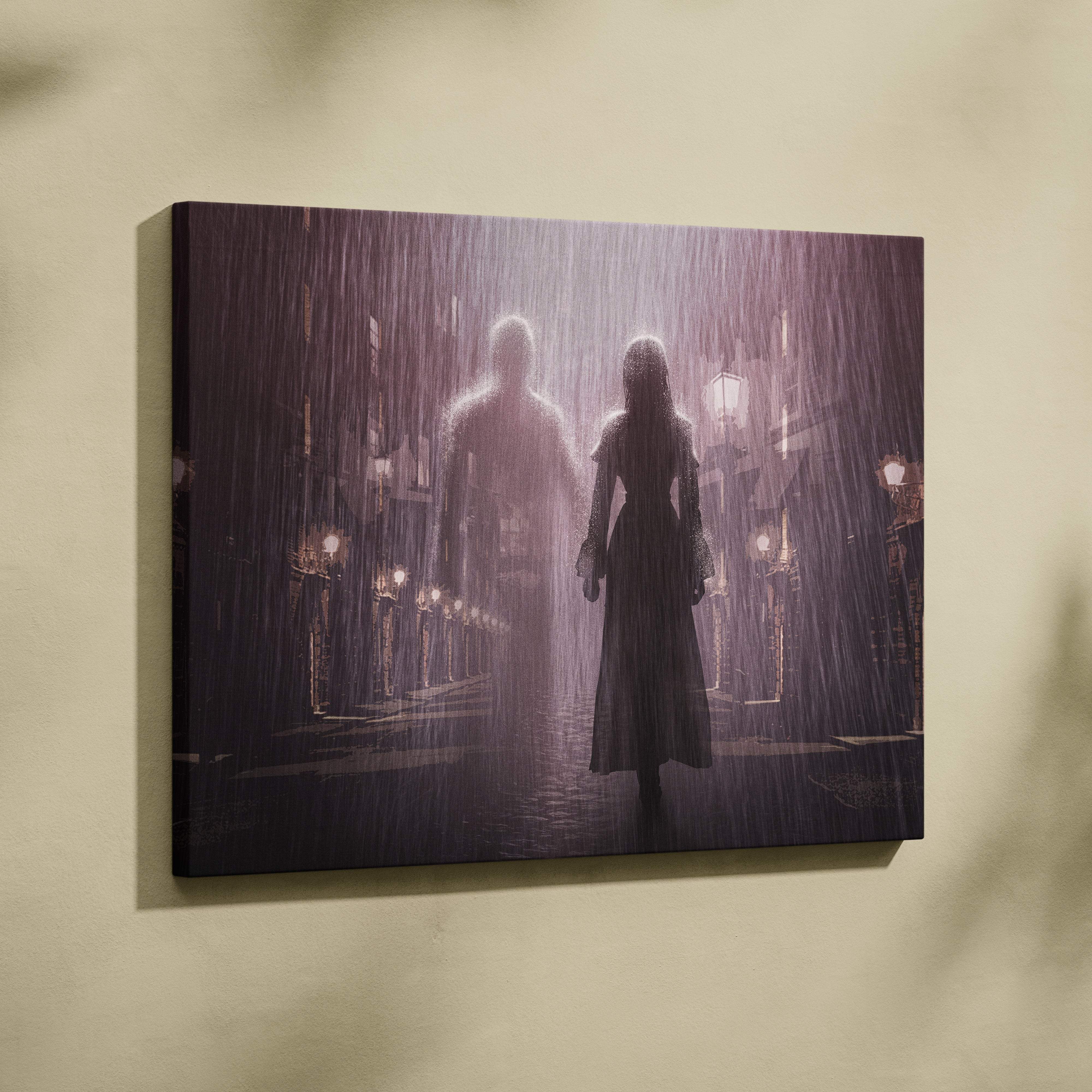 Moody rainy night ghost canvas wall art shows two silhouetted figures walking a rain-slicked street with glowing lanterns