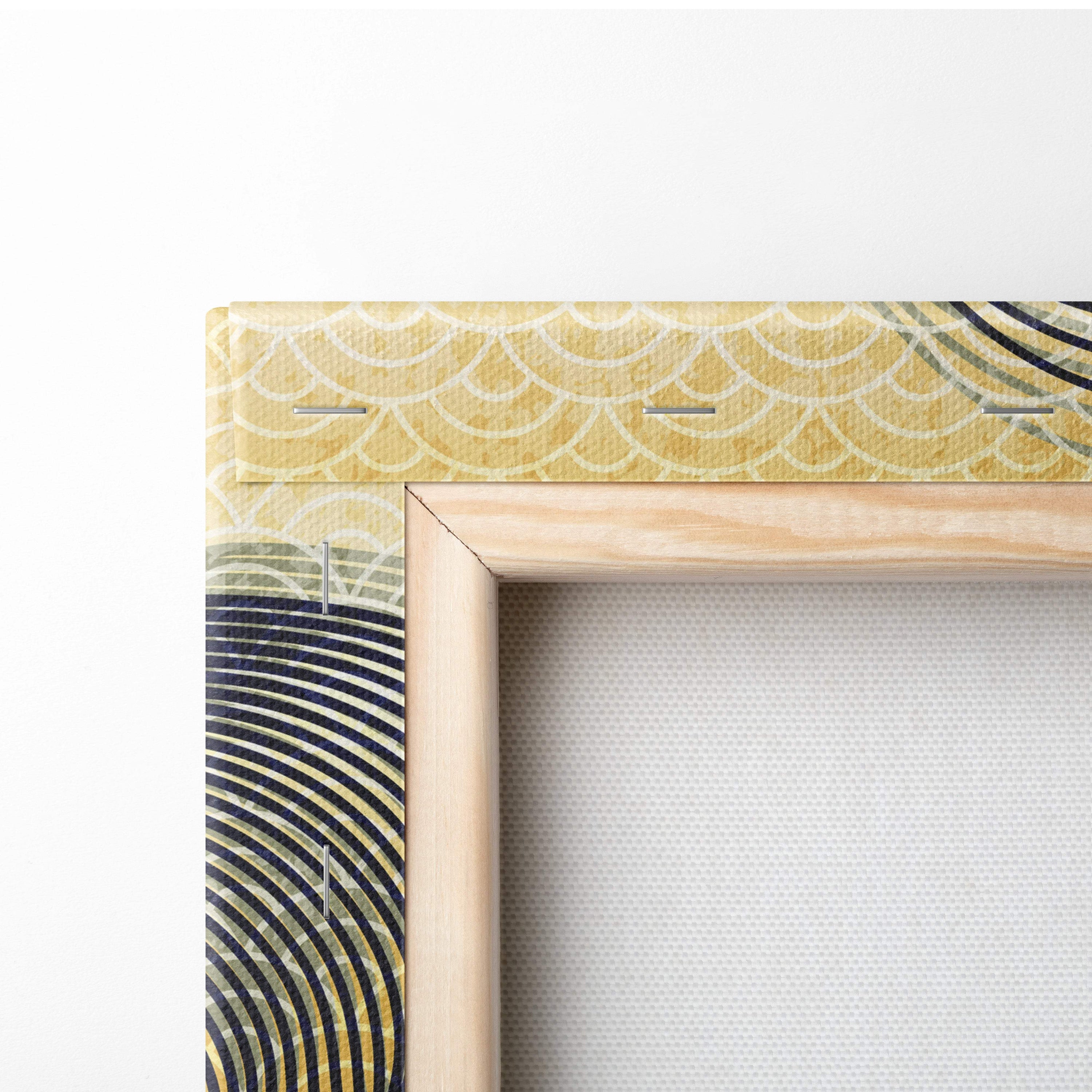 A wooden canvas frame with gold and black wave-patterned fabric border for navy gold japanese tiger wall art
