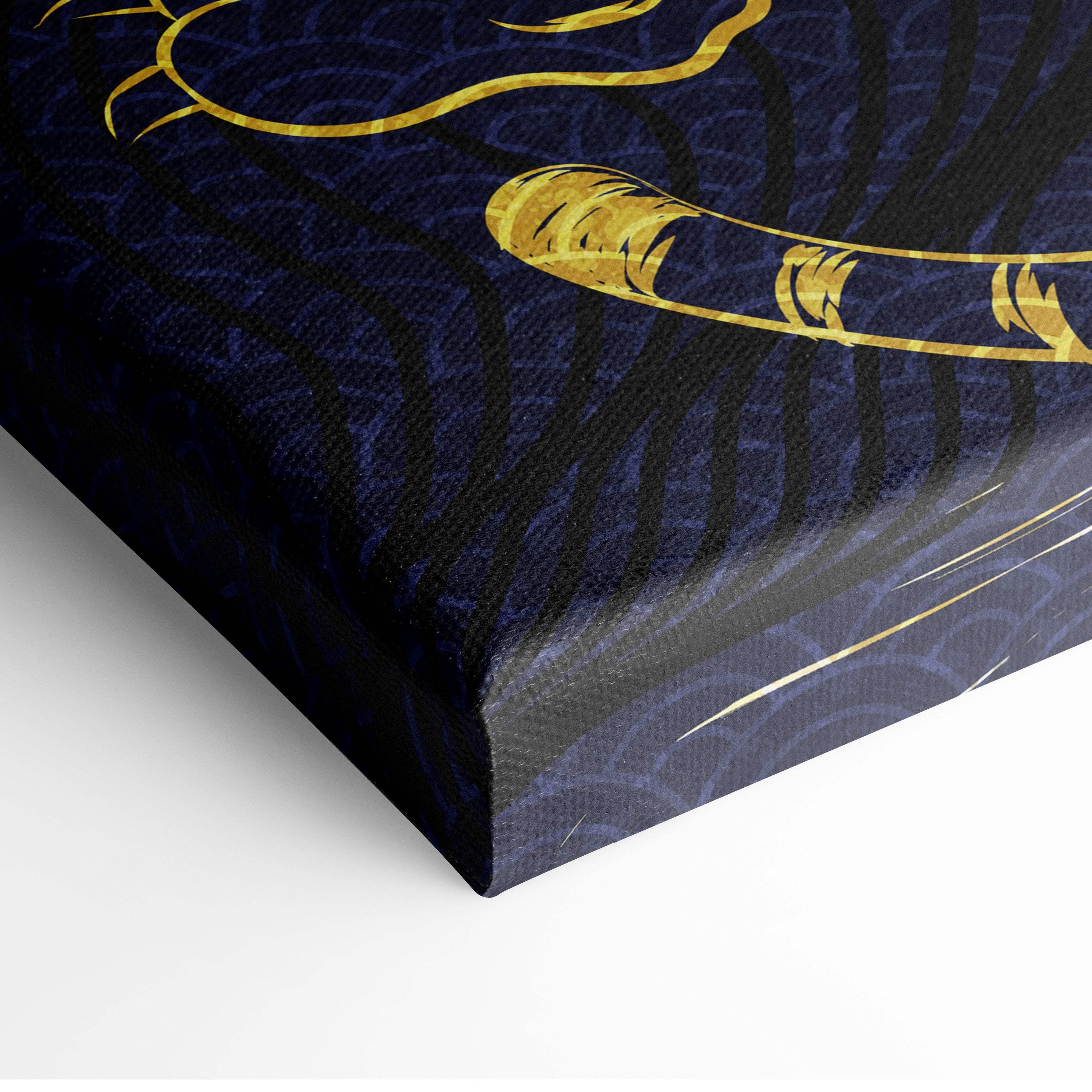 Navy blue canvas wall art with intricate gold foil feathers and swirling patterns in bold asian tattoo style