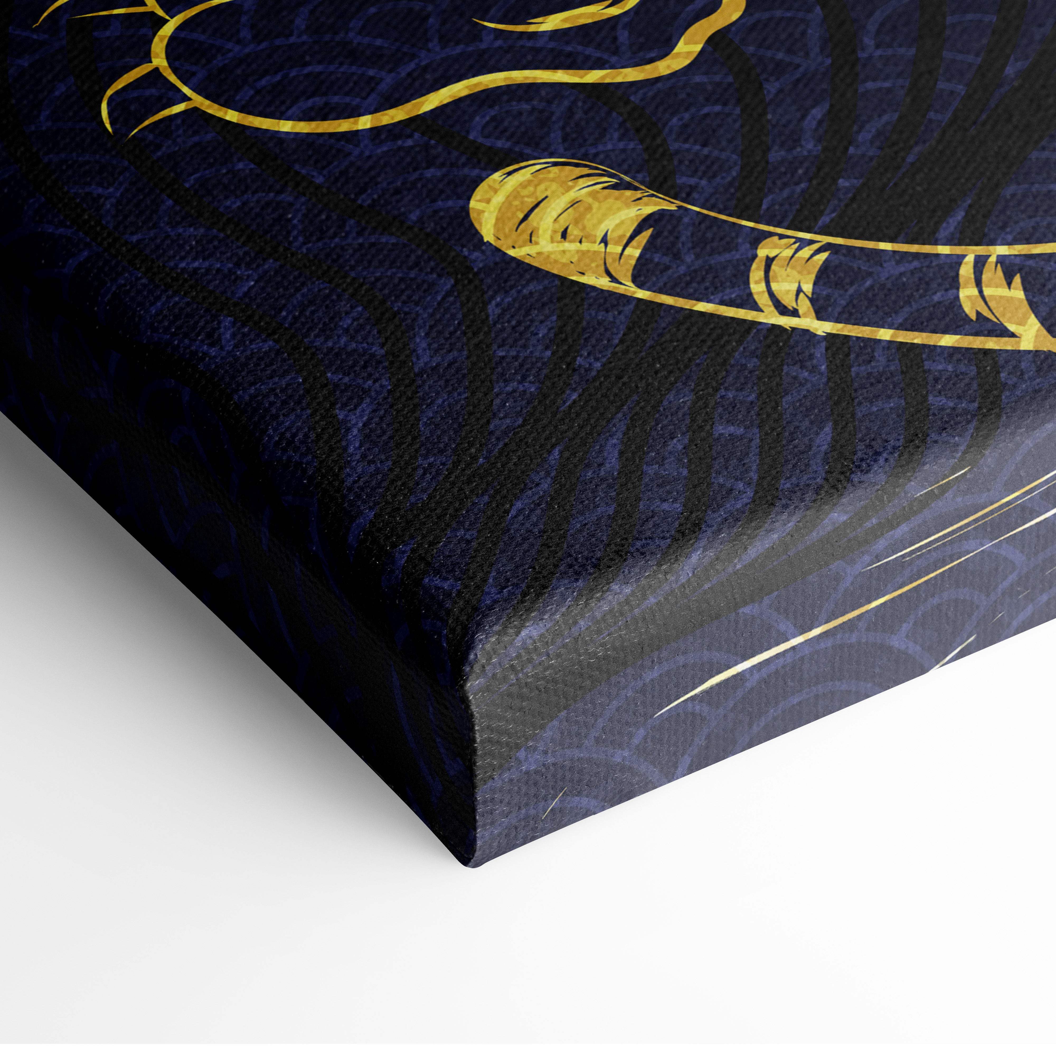 Navy blue canvas wall art with intricate gold foil feathers and swirling patterns in bold asian tattoo style