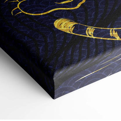 Navy blue canvas wall art with intricate gold foil feathers and swirling patterns in bold asian tattoo style