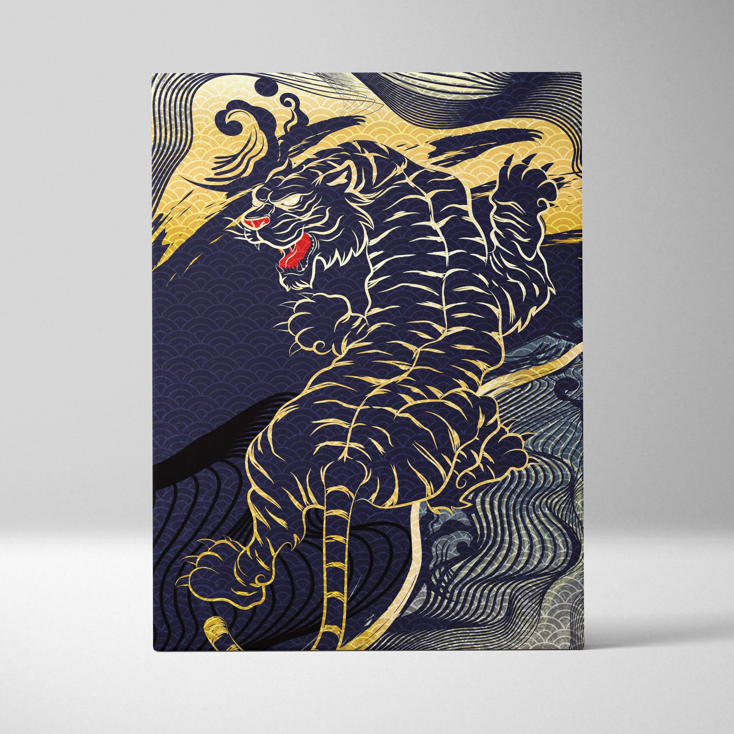 Navy gold japanese tiger canvas wall art with bold linework and traditional wave patterns for dramatic decor