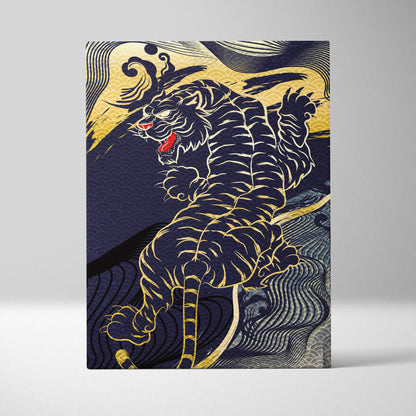 Navy gold japanese tiger canvas wall art with bold linework and traditional wave patterns for dramatic decor