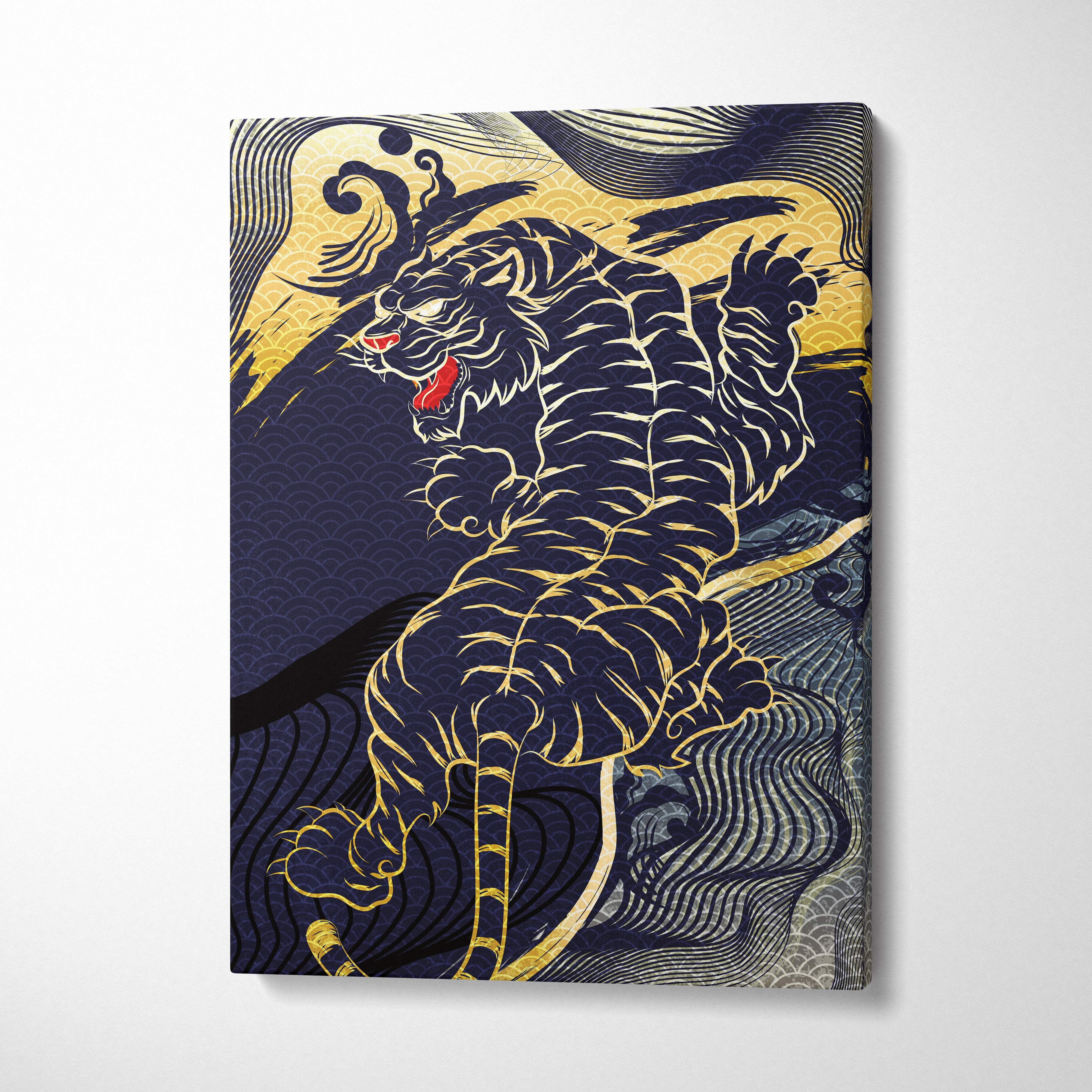 Navy gold Japanese tiger canvas wall art with intricate wave patterns in bold Asian tattoo style for game or living room