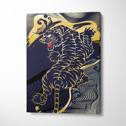 Navy gold Japanese tiger canvas wall art with intricate wave patterns in bold Asian tattoo style for game or living room