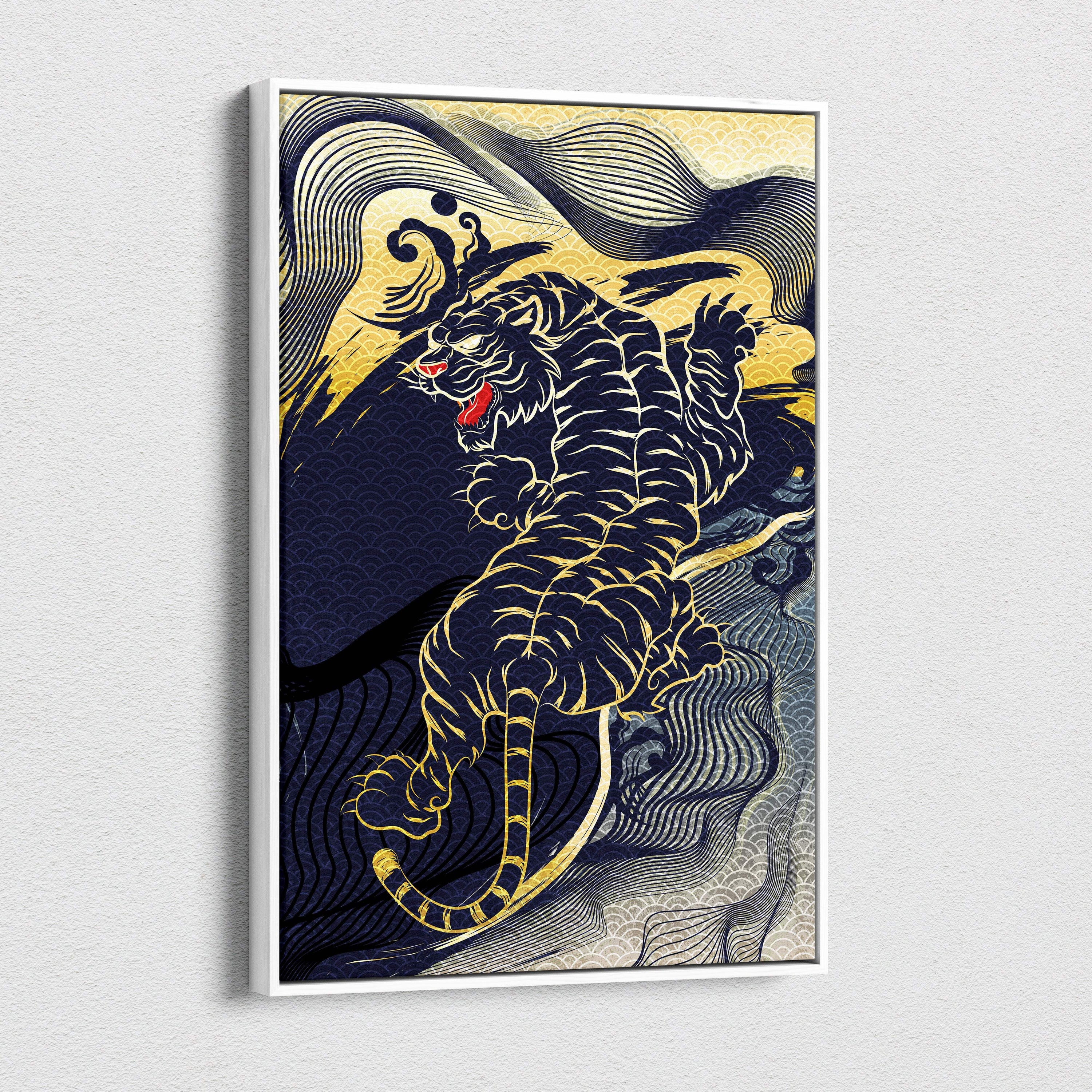 Navy gold Japanese tiger canvas wall art featuring a stylized black tiger with gold outlines and red accents