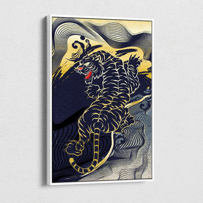 Navy gold Japanese tiger canvas wall art featuring a stylized black tiger with gold outlines and red accents