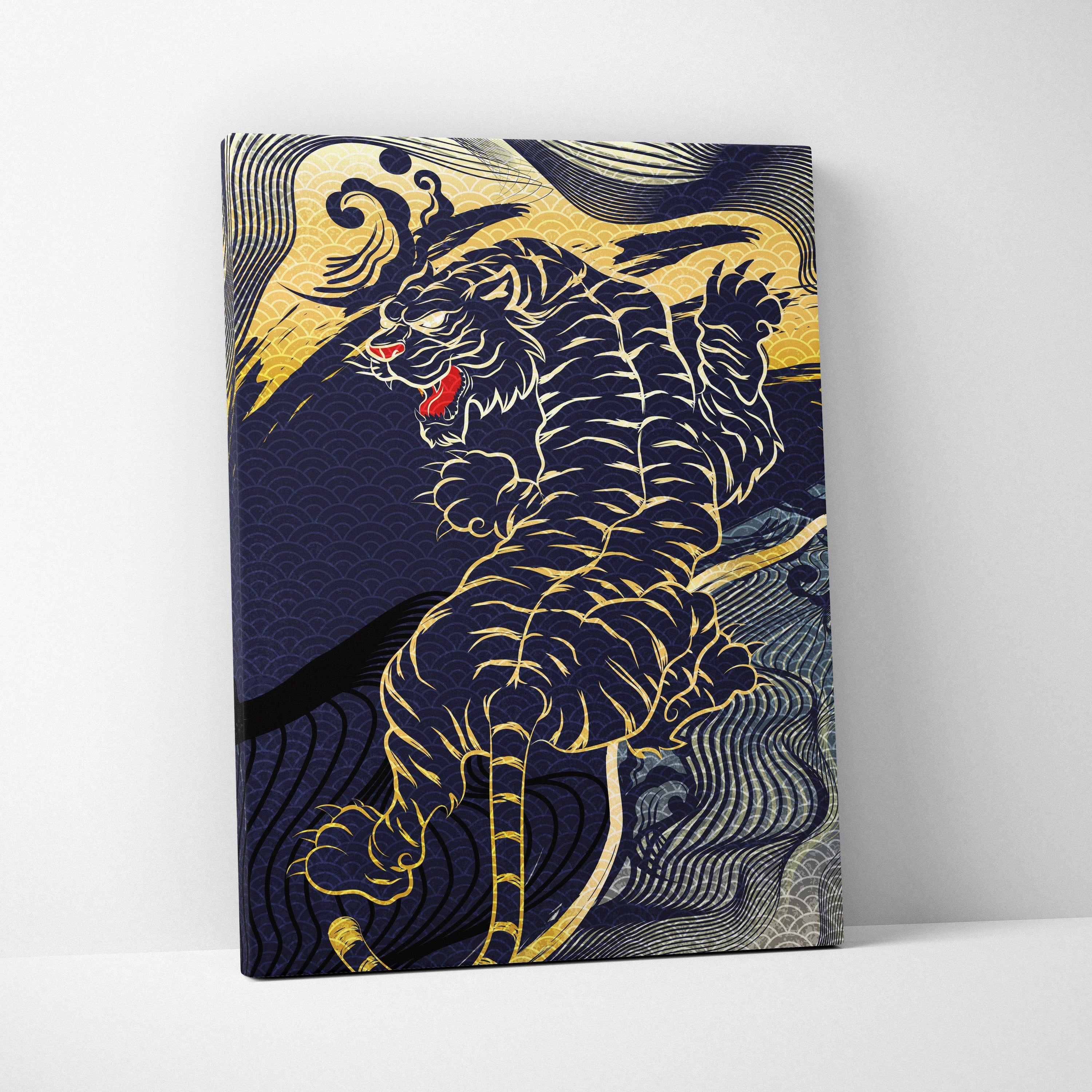 Navy gold Japanese tiger canvas wall art with stylized roaring tiger and swirling wave patterns for living room decor