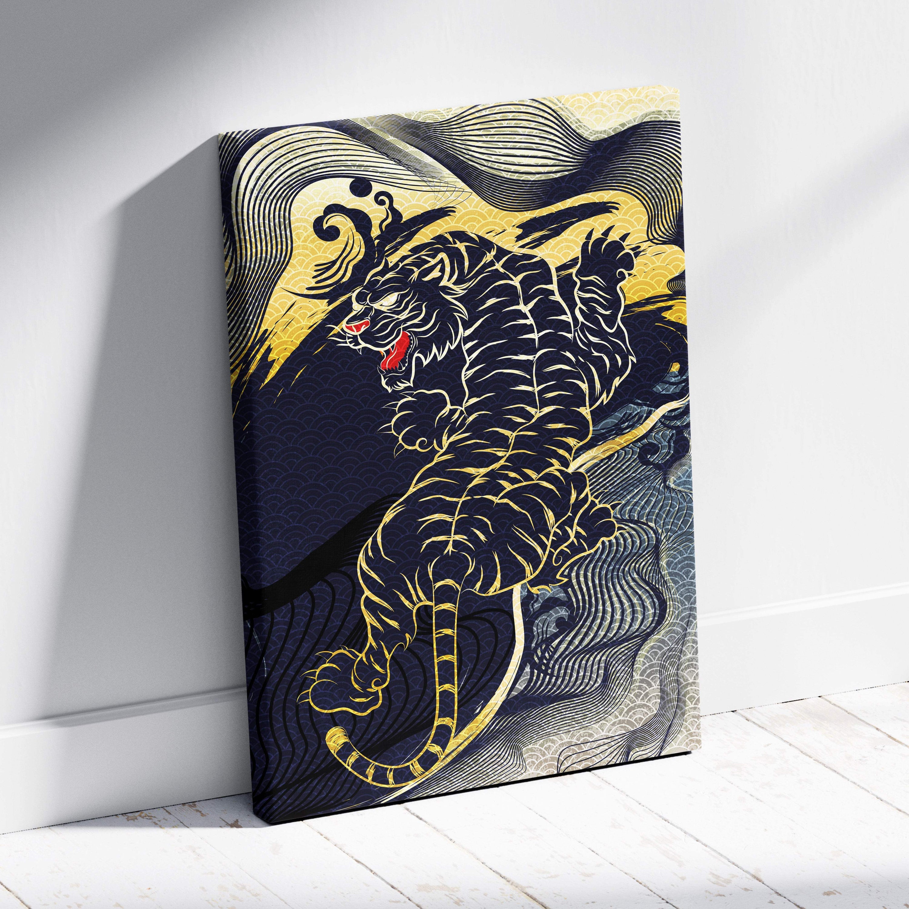 Navy gold Japanese tiger canvas wall art with black and gold tiger and navy wave pattern for living or game room decor