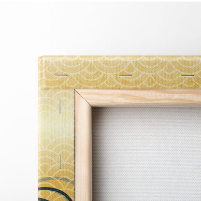 Light wood frame with yellow patterned fabric border and scalloped wave designs for samurai wildlife wall art
