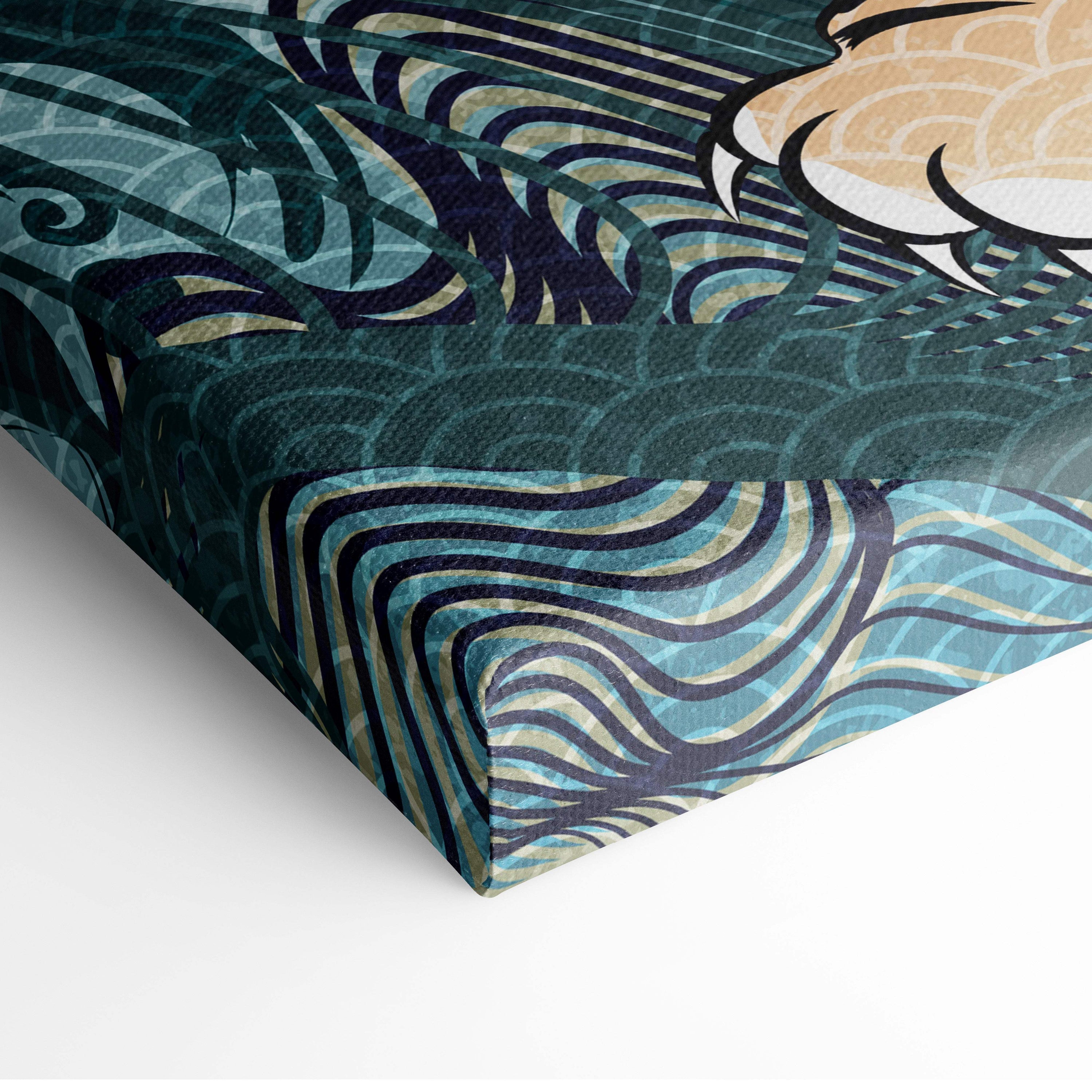 Orange japanese tiger canvas wall art with teal navy blue wave pattern and black outlines for living room decor