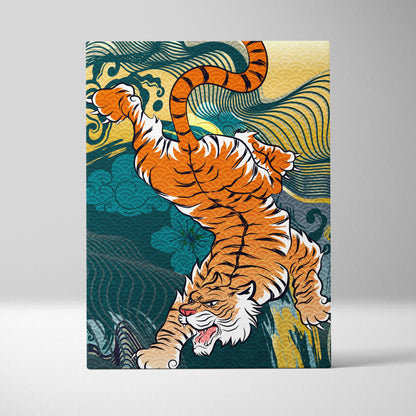 Orange Japanese tiger canvas wall art with vibrant waves in teal gold dark blue for bold samurai wildlife decor