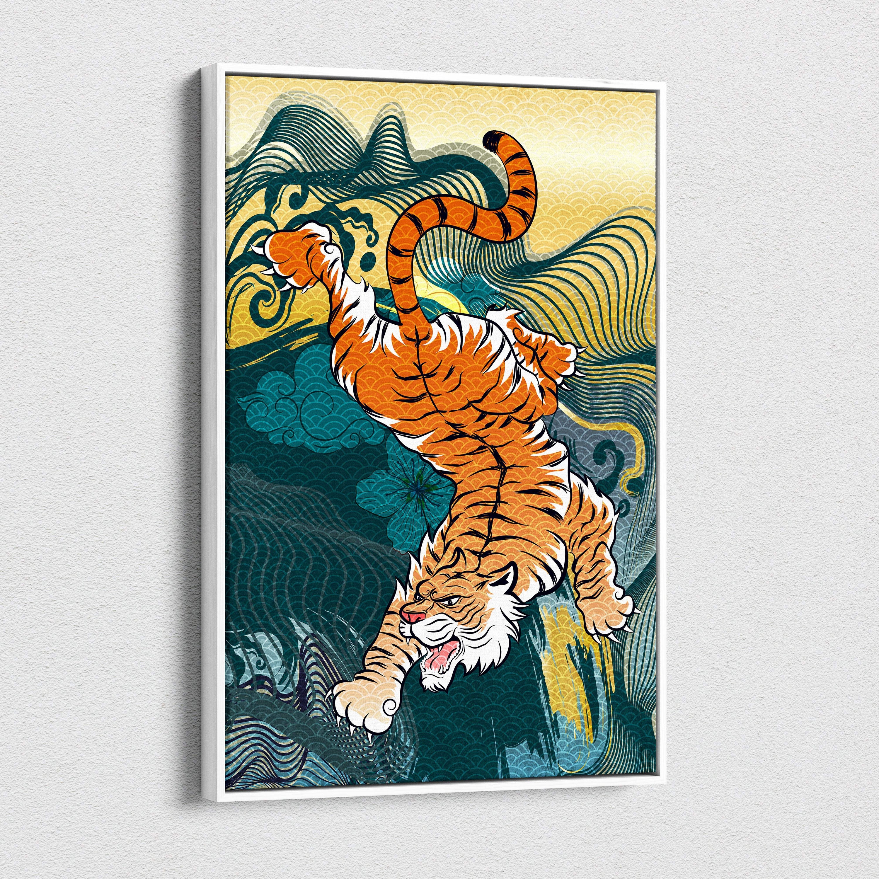 Orange japanese tiger canvas wall art with vibrant orange white tiger and wave pattern in bold teal gold samurai style design