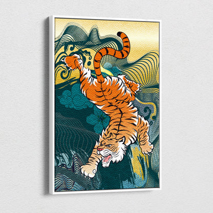 Orange japanese tiger canvas wall art with vibrant orange white tiger and wave pattern in bold teal gold samurai style design