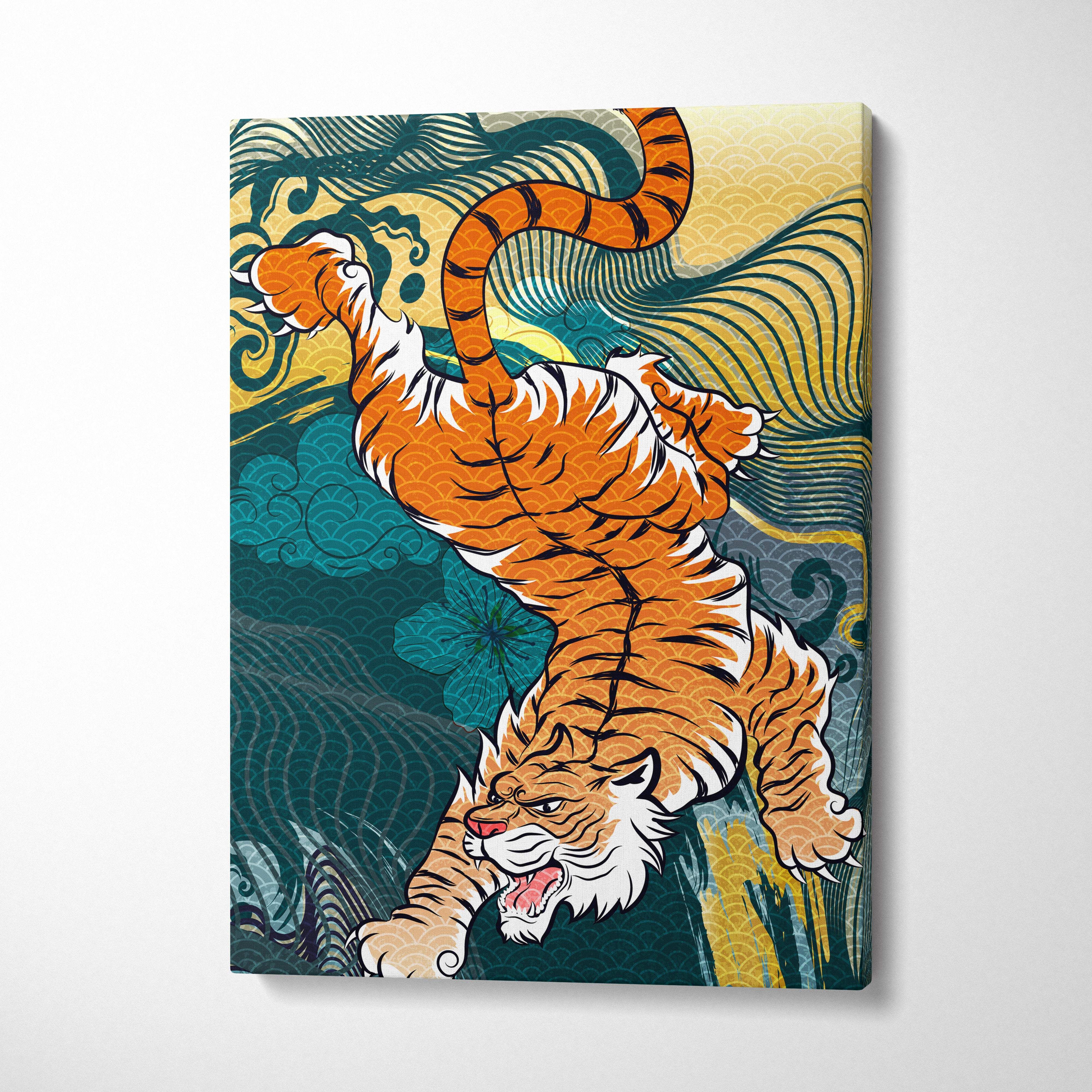 Orange Japanese tiger canvas wall art with vibrant orange and white tiger and teal gold stylized wave patterns