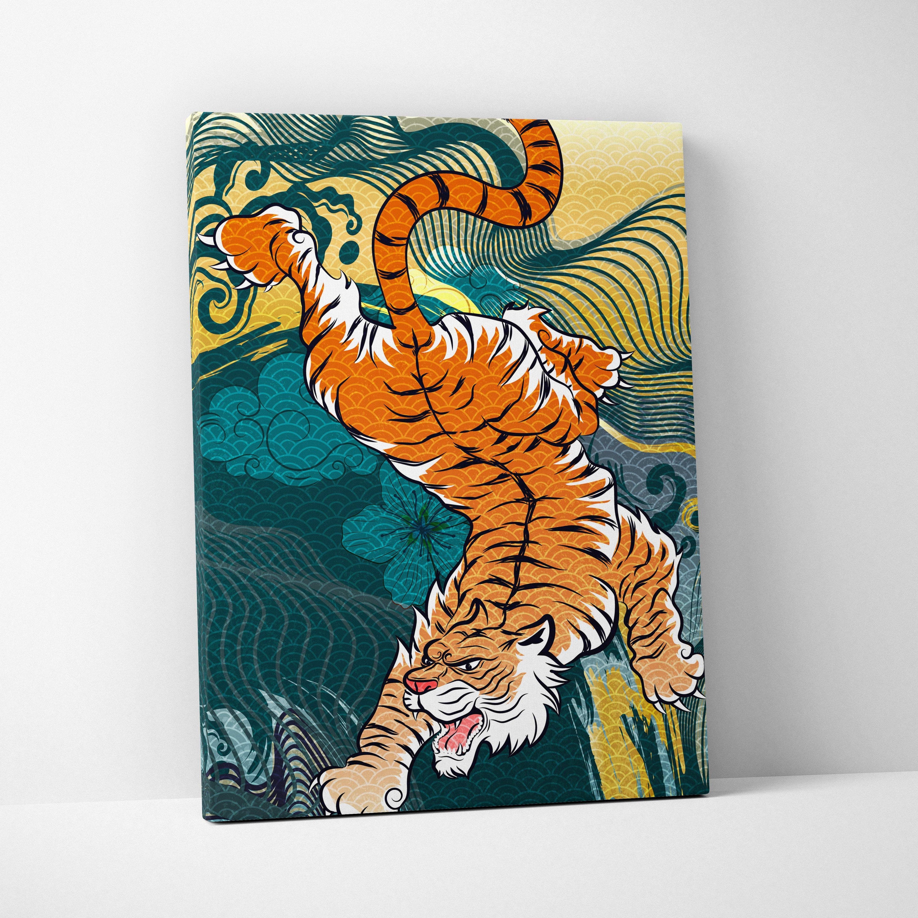 Orange japanese tiger canvas wall art with vibrant orange white tiger and teal gold wave patterns for game room decor