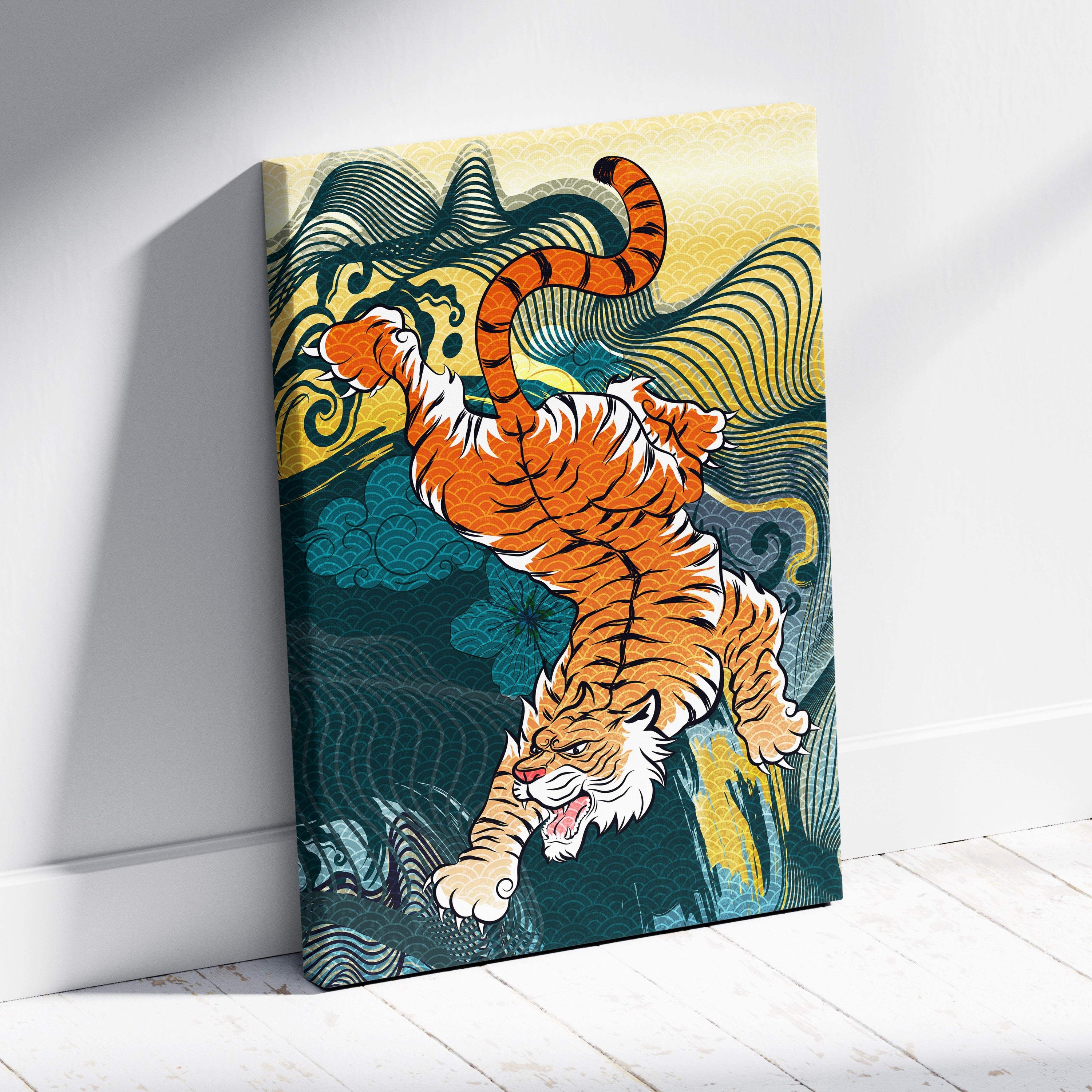 Vibrant orange and white tiger leaping canvas wall art with teal yellow and gold waves in japanese tattoo style for game room