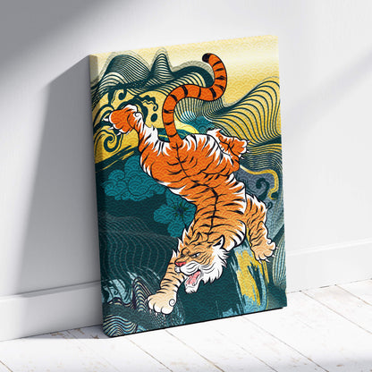 Vibrant orange and white tiger leaping canvas wall art with teal yellow and gold waves in japanese tattoo style for game room