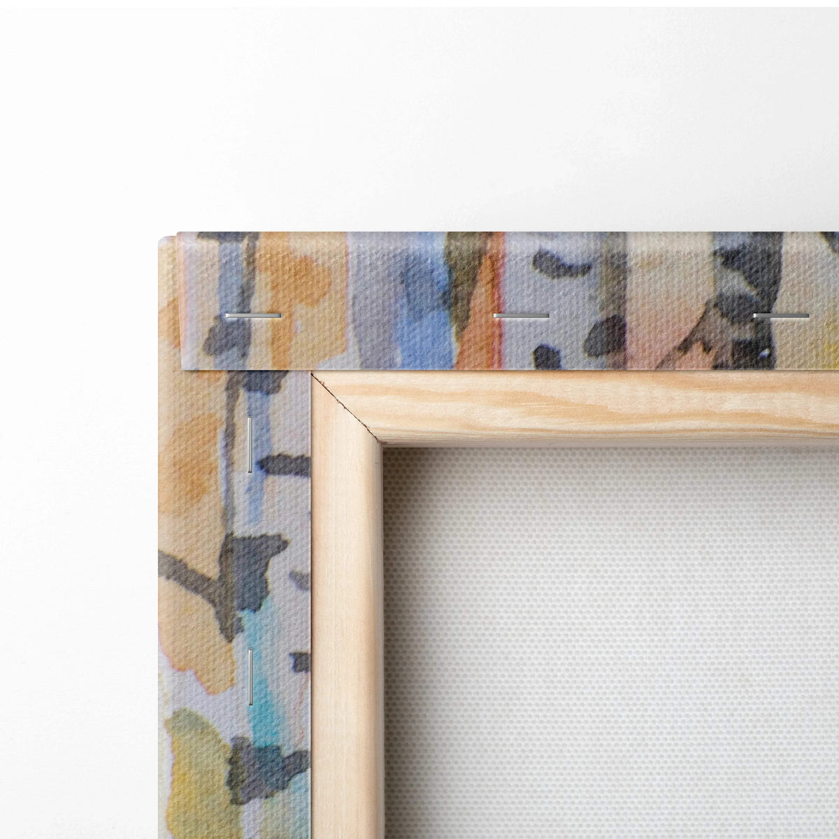 Watercolor birch forest canvas art with autumn yellow orange foliage on light wood frame
