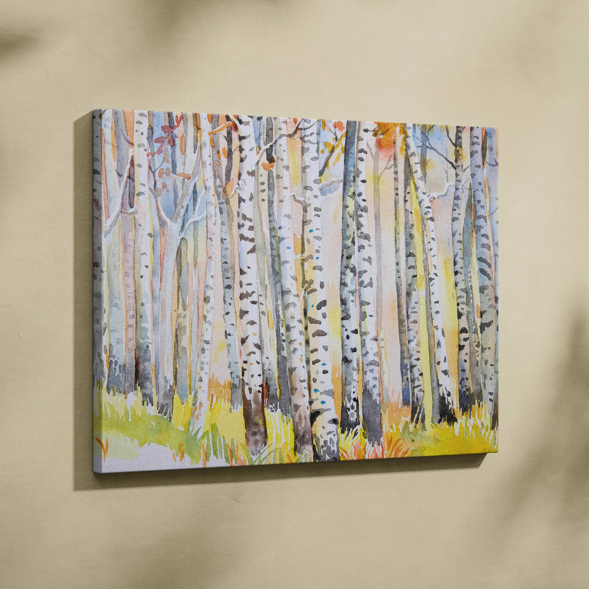 Watercolor birch forest canvas wall art with autumn yellow-orange foliage