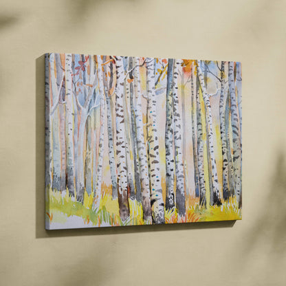 Watercolor birch forest canvas wall art with autumn yellow-orange foliage