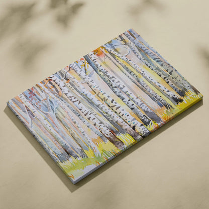 Watercolor birch forest canvas art with autumn yellow orange foliage
