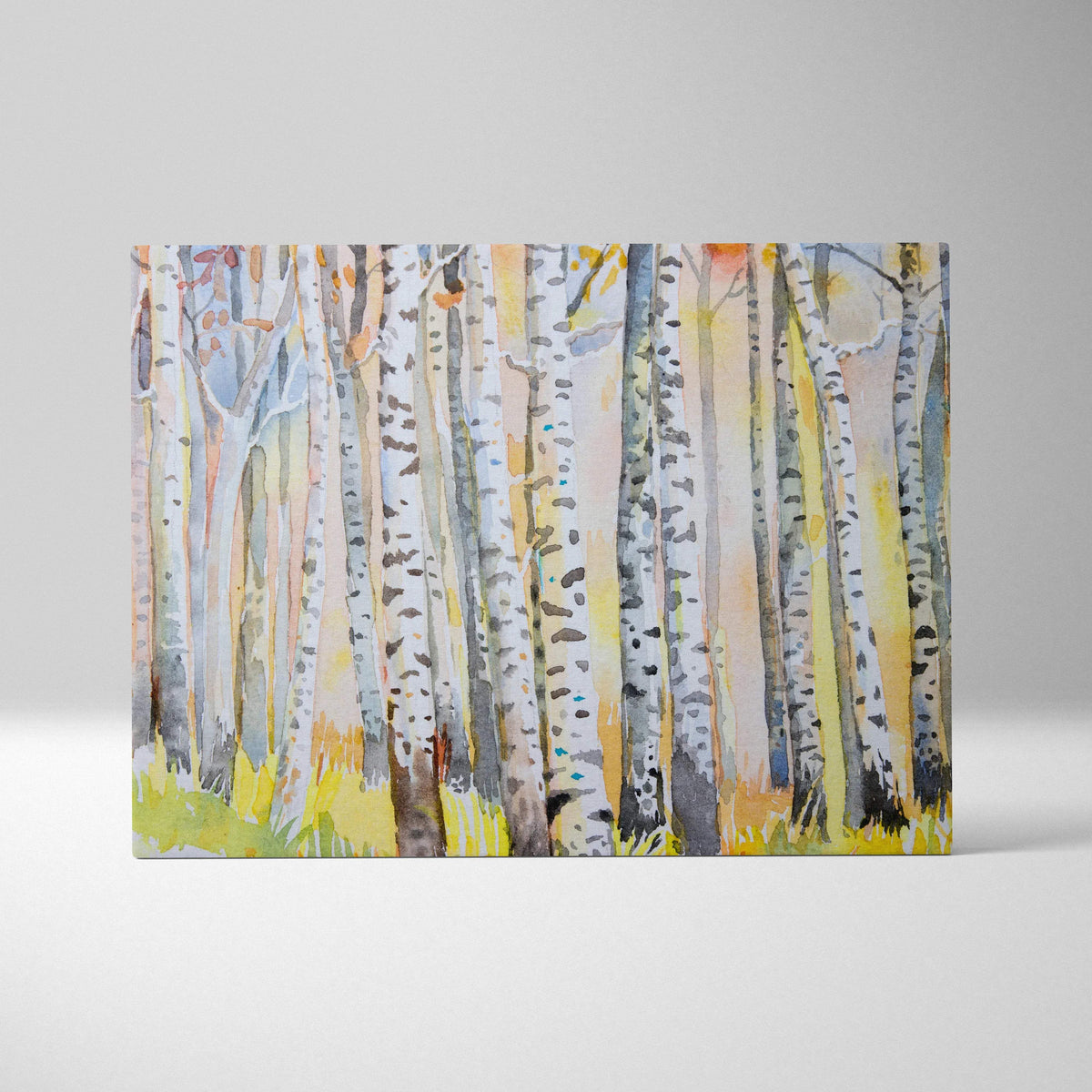 Watercolor birch forest canvas wall art with autumn yellow orange foliage