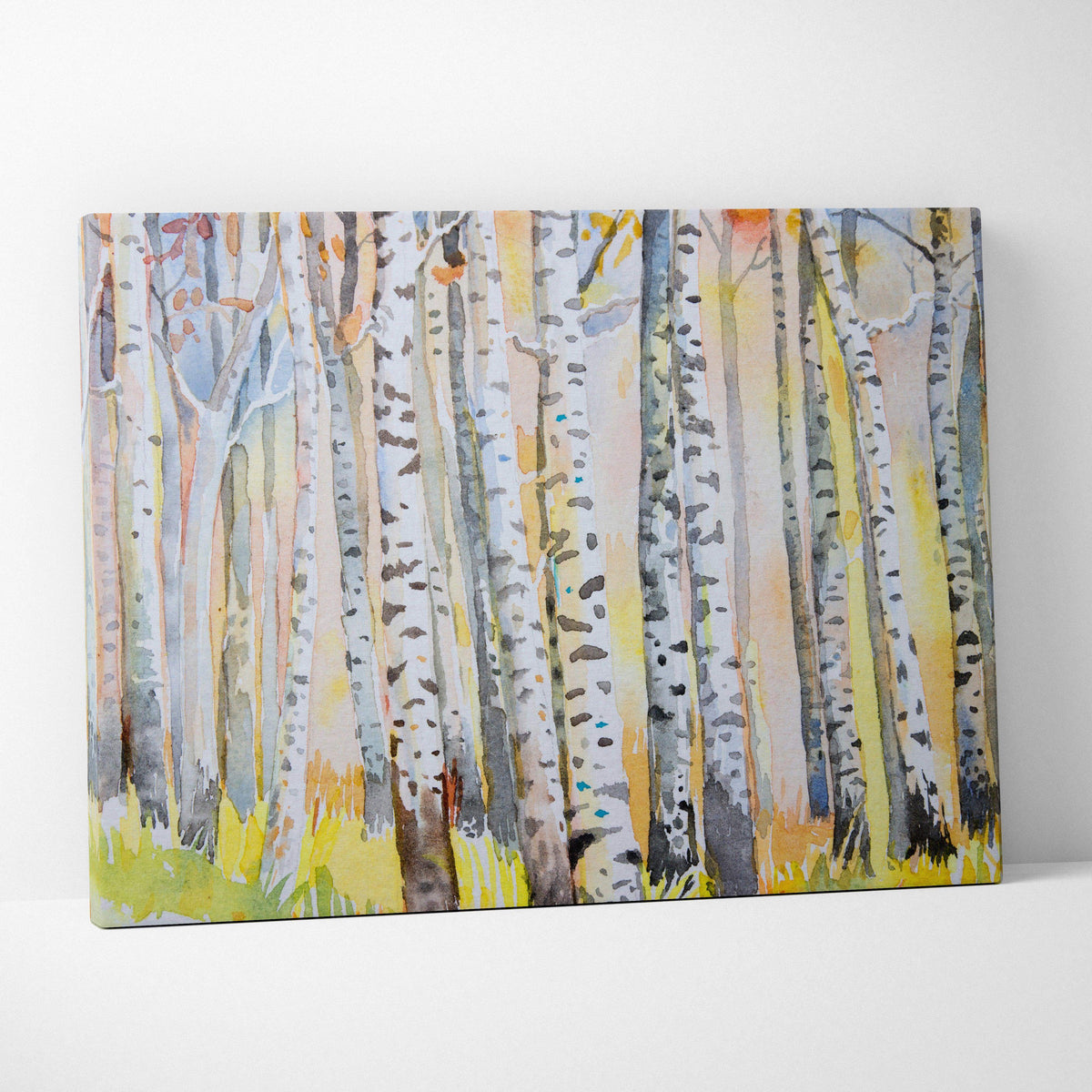 Watercolor birch forest canvas wall art with autumn yellow orange foliage