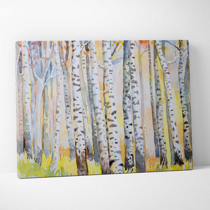Watercolor birch forest canvas wall art with autumn yellow orange foliage