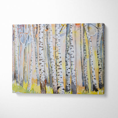 Watercolor birch forest canvas art with autumn yellow orange foliage