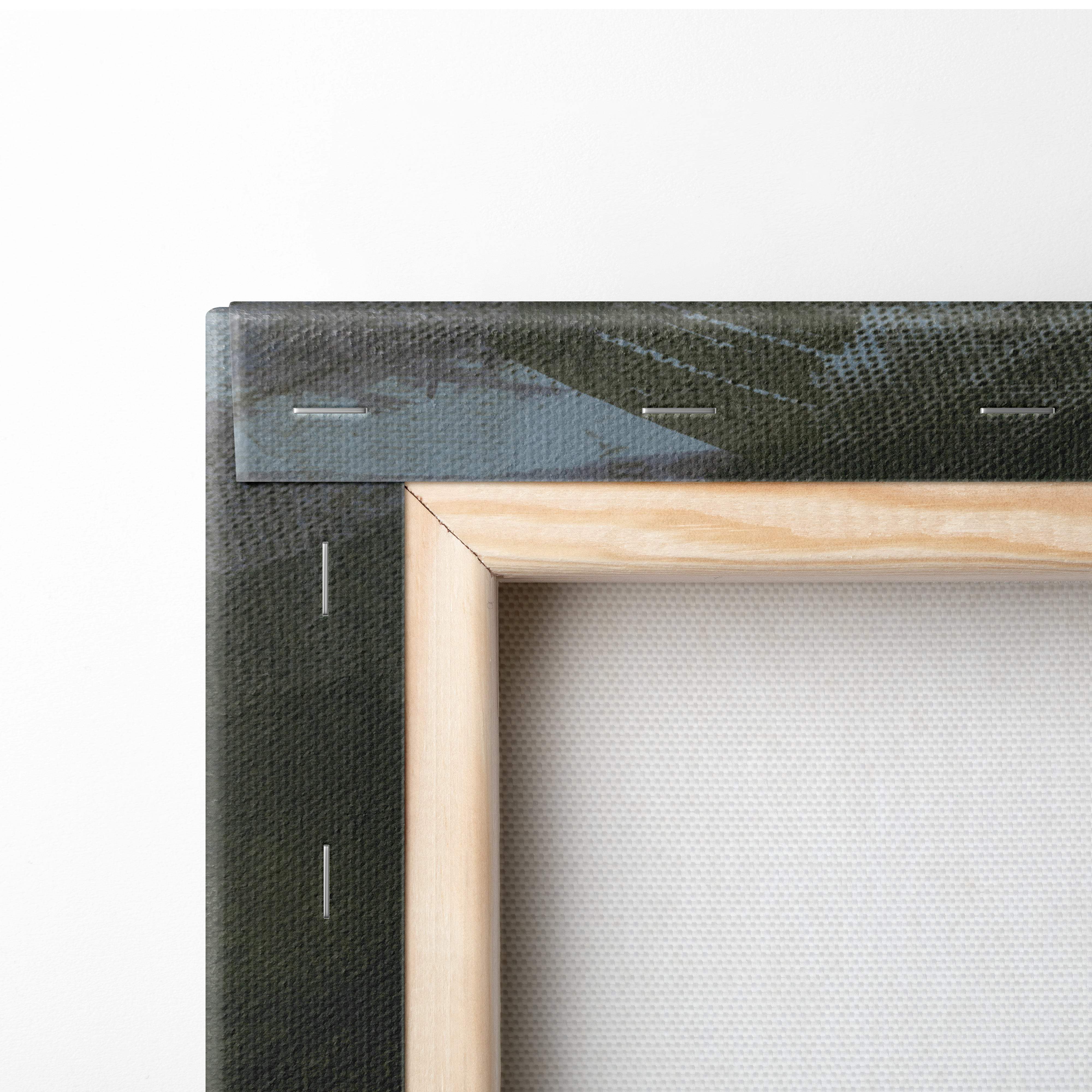 Backside of moody rainy ruins canvas wall art with light wood frame dark green canvas and visible stitching edges