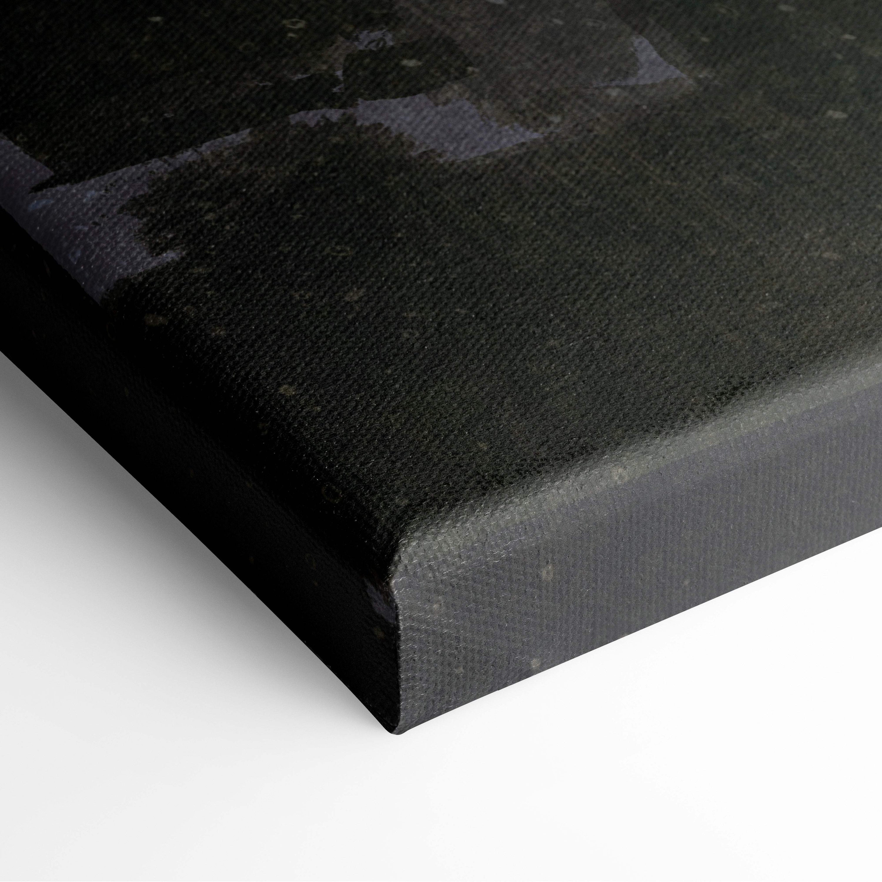 Moody rainy ruins black canvas wall art with textured surface and subtle glossy highlights in atmospheric blue-green tones